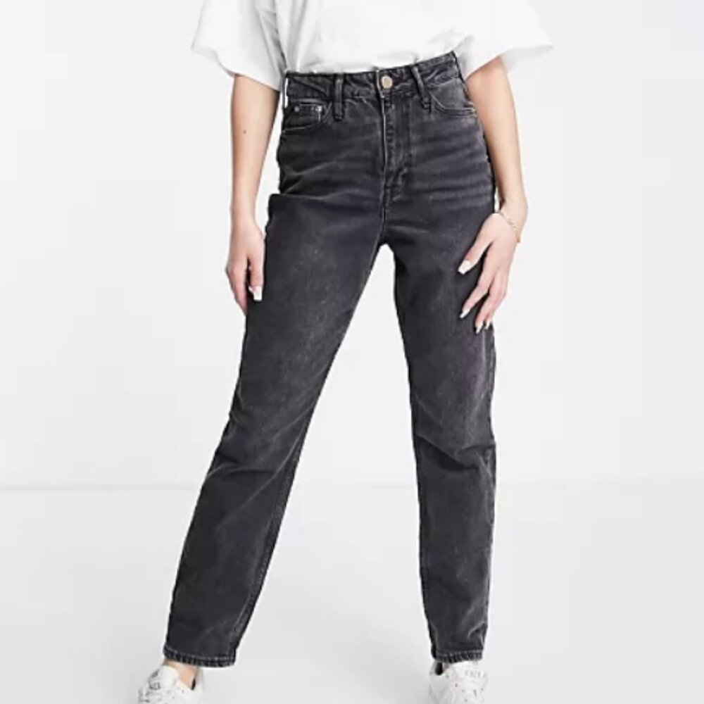 River Island Carrie Mom Jean Faded Black Denim High Rise Straight Leg 10 X-Long